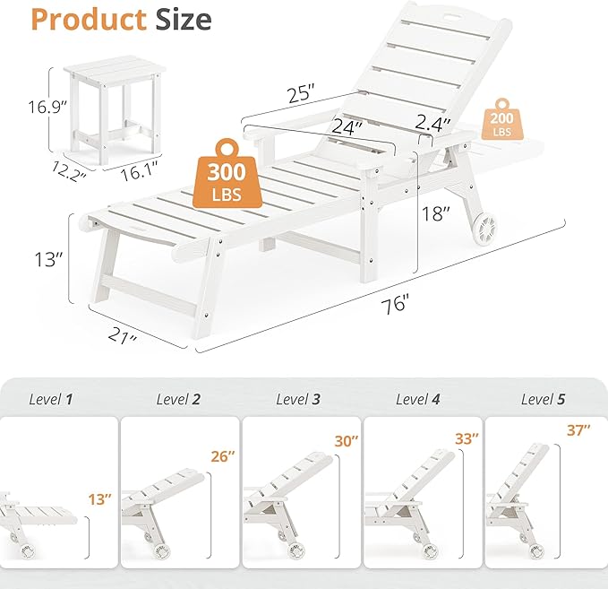 LUE BONA Chaise Lounge Chair with Table, 3-Piece, HDPS Chaise Lounger, 5 Positions Adjustable Lounge Chairs, Pool Lounge Chair with Wheels for Poolside, Backyard, White