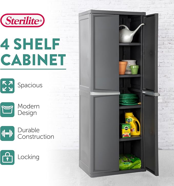 Sterilite 2-Pack 4 Shelf Cabinet, Lockable Utility Storage w/Adjustable Shelves, Gray - Plastic Shelving Unit for Organizing Garage, Pantry, Basement, Laundry Room or Mudroom