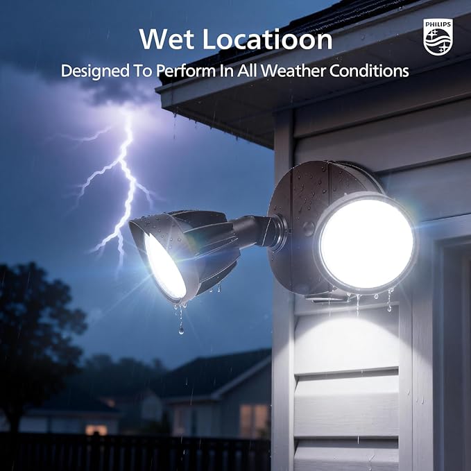 Philips 44W 3500LM ‌LED Security Flood Light‌ ‌Outdoor‌，Switch Controlled Aluminum ‌Security Light‌, 2 Adjustable Heads，5000K Daylight，Wet Location for Patio, Garden, Yard Lights