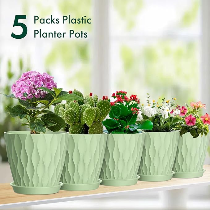6 inch Plant Pots, 5 Set Water Ripples Flower Pots for Indoor Outdoor Plants, Plastic Planters with Drainage Holes and Saucers, Nursery Pots for Small Succulent Garden House Plants, Green