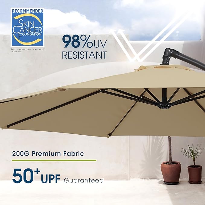 wikiwiki 10ft Patio Umbrella with Base Included, Outdoor Offset Cantilever Umbrella with Sandbag Base for Backyard, Garden and Pool, Easy to Tilt and Crank, Tan