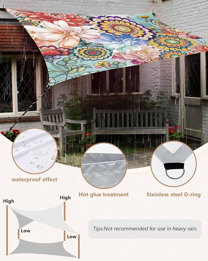 Sun Shade Sail 14'x18' Boho Floral Rectangle Sun Shade Sails Canopy Waterproof Mandala Flowers Plant Outdoor Sunshades Sand UV Block Cover Shade Cloth for Patio Backyard Garden Deck Porch Lawn