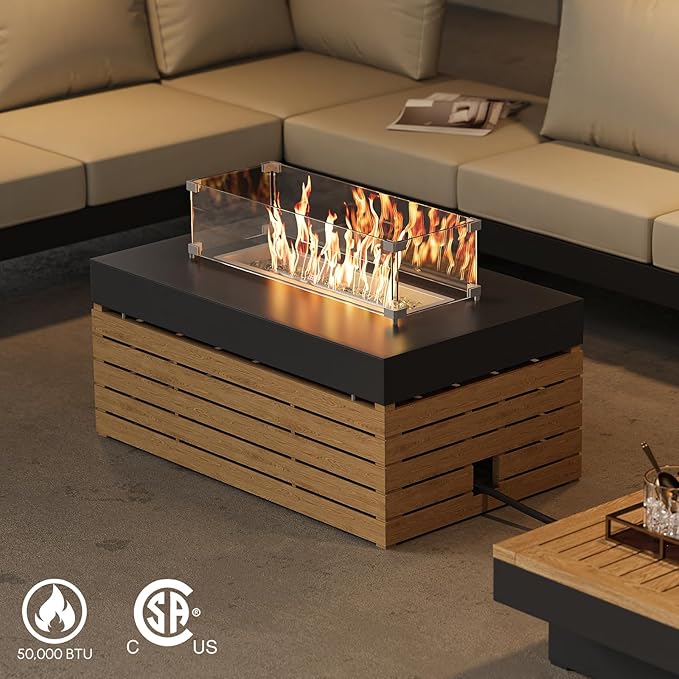 homary Patio Conversation Sets with Fire Pit-Modular Outdoor Sofa Aluminum & Teak Outdoor Sofa Se with Glass Wind Guard Ideal for Patios & Balconies, 6 Pepole, Beige