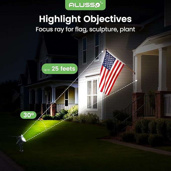 ALUSSO® Solar Landscape Spotlights 3CCT, Dimmable Solar Spot Lights Outdoor, 30° Beam Angle Solar Powered Lights Dusk to Dawn,IP65 Waterproof Flag Pole Solar Light for Yard Pathway Garage Patio,4 Pack