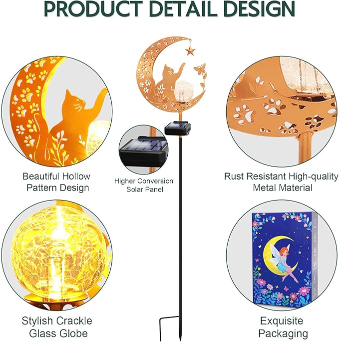 ZNYCYE Solar Lights Outdoor Decorative Moon Cat Butterfly Solar Stake Lights Birthday Gifts for Women mom Grandma, Garden Decor Waterproof for Walkway, Yard, Lawn, Patio (Warm White)