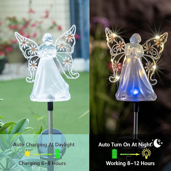 Solar Angels for Cemetery Grave Sympathy Memorial Remembrance Gift Solar Angels for Outside as Yard Decorations Lawn Ornaments Solar Garden Decor, Angel Gifts for Women 2 Pack (Pink Flower)