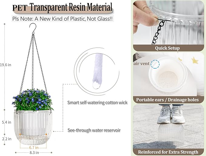Melphoe 1 Pack Self Watering Hanging Planters Indoor Flower Pots, 8.3 Inch Outdoor Hanging Plant Pot Basket, Plant Hanger with 3Hooks Drainage Holes for Garden Home