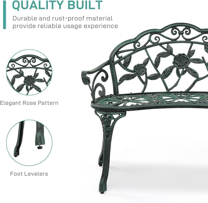 VINGLI 38.5" Patio Park Garden Outdoor Metal Rose Bench, 2-Person Cast Iron Cast Aluminium Frame Antique Finish Chair,Accented Lawn Front Porch Path Yard Decor Deck Furniture (Green, Rose)