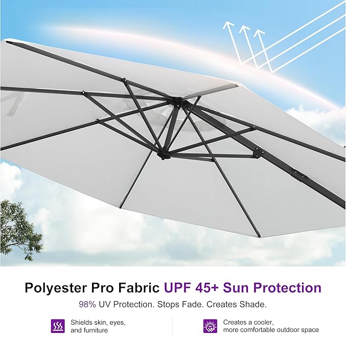 PURPLE LEAF 11 Feet Patio Umbrella with Base Outdoor Cantilever Round Umbrella Aluminum Offset Umbrella with 360-degree Rotation for Garden Deck Pool Patio Light White