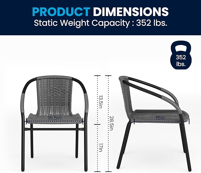 Flash Furniture 3-Piece Patio Dining Set with Round Glass Metal Table and 2 Stackable Rattan Chairs, Indoor/Outdoor Bistro Table and Chairs Set, Gray