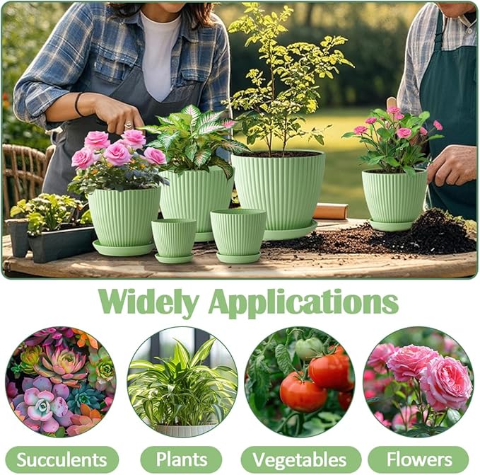 7.5/6.5/5.5/4.9/4.2/3.5 Inch Plant Pots with Saucers & Drain Holes - Indoor/Outdoor Flower Pots for Succulents, Herbs, Cactus - Modern Lightweight Durable Planter Set, Green