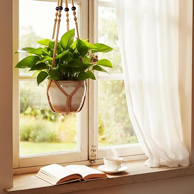 Macrame Plant Hanger, Up to 4-15 inch Pots, Wood Beads Cotton Hanging Planter Holder for Indoor Outdoor Boho Home Decor, 35 Inch, Set of 2 (Brown)