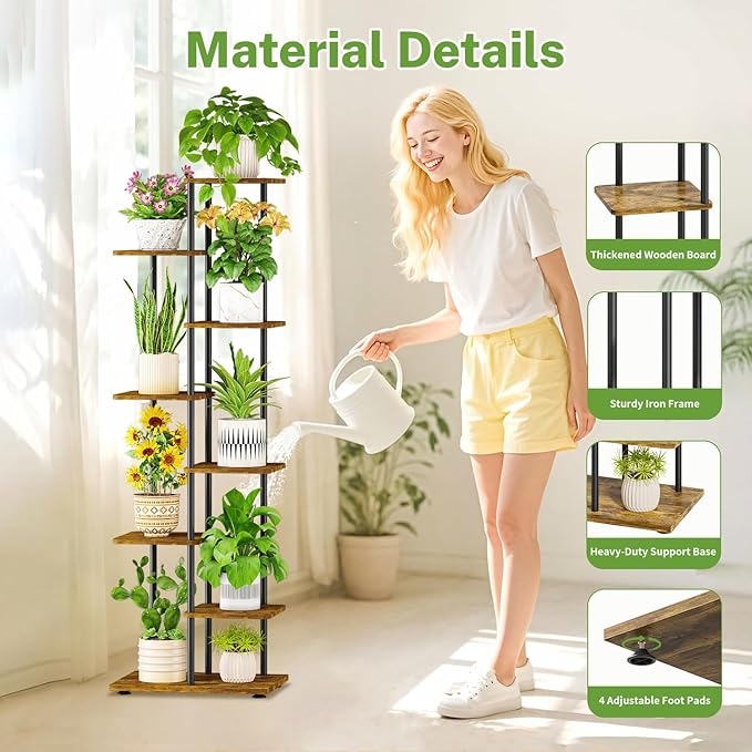 iDavosic.ly 7 Tier Tall Plant Stand Indoor with Light, Tiered Corner Metal Wood Multiple Flower Holder Shelf, 50 Inch Display Grow Rack for Living Room Bedroom, Modern Black & Rustic Brown