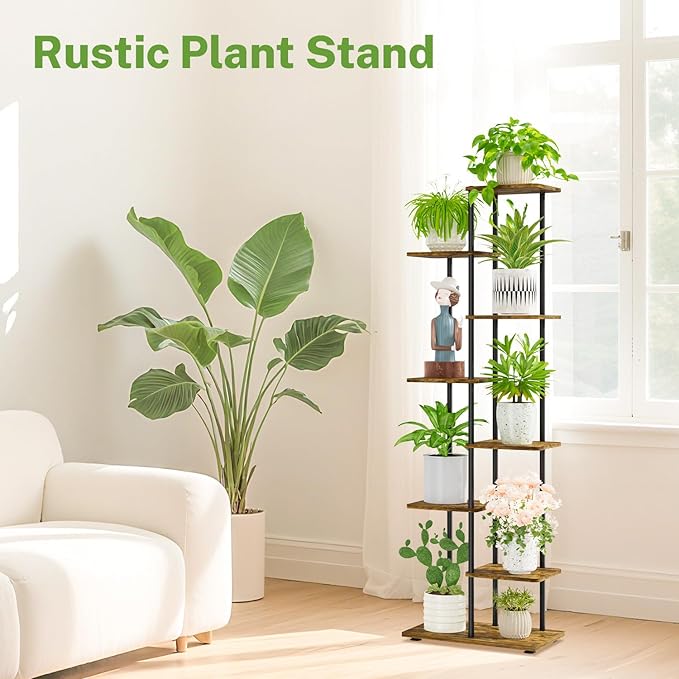 iDavosic.ly 7 Tier Tall Plant Stand Indoor, Tiered Corner Metal Wood Multiple Flower Holder Shelf, 58 Inch Orchid Display Rack for Patio Porch Living Room Balcony Outdoor, Modern Black & Rustic Brown