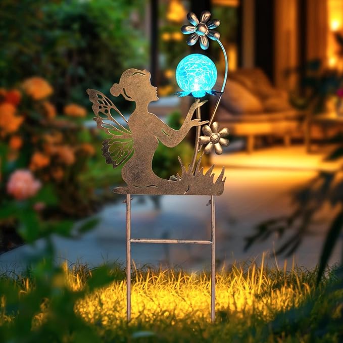 HONGLAND Solar Lights Fairy Garden Decor for Outside,Fairy Figurine Decorative Stake Housewarming Gifts for Patio Lawn Yard Pathway Outdoor Decor-Unique Valentines Day Gifts for Women Mom Grandma