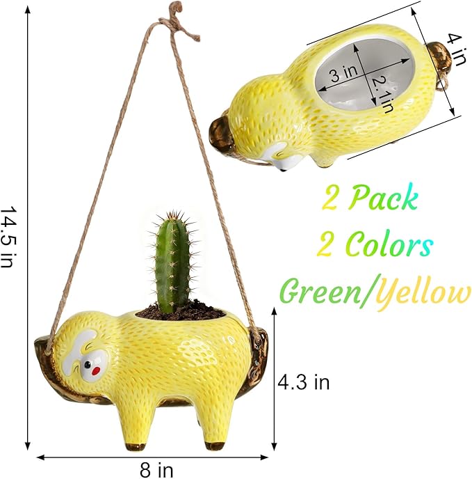 Hacaroa 2 Pack Sloth Hanging Planters for Indoor Plants, Ceramic Small Succulent Pots Cute Cactus Pot, Plant Hanger Holder Gifts for Plant Lovers, Home Decor, 2 Colors