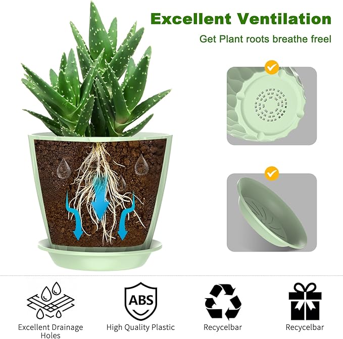6 Pack 7 Inch Indoor Plant Pots with Drainage Holes, Outdoor Plastic Decorative Flower Pots, Garden Planters with Tray Saucers for Orchids, Violets, Succulents, Herbs, and Other Plants