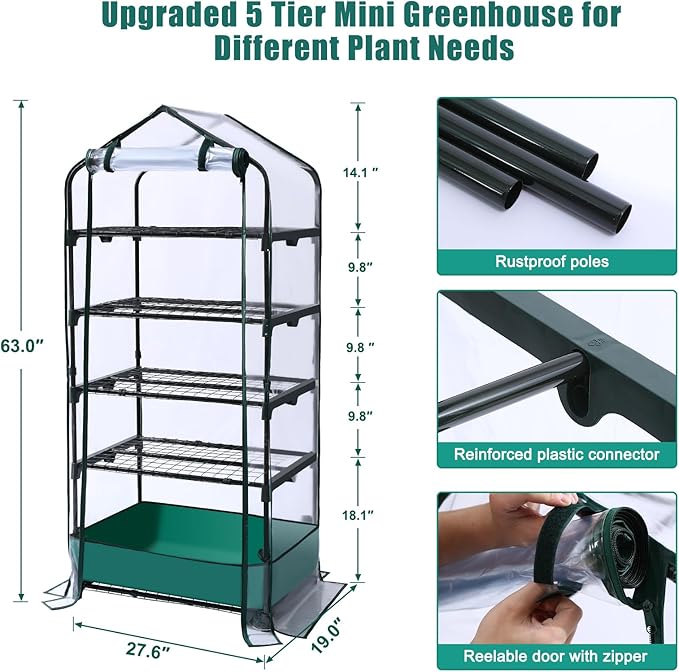 5 Tier Mini Greenhouse for Indoor Outdoor, Portable Green House with Durable PVC Cover and Shelves for Seedling, Heavy Duty Greenhouse with Waterproof Mat and Cover Tape, Gardening Gifts for Women Men