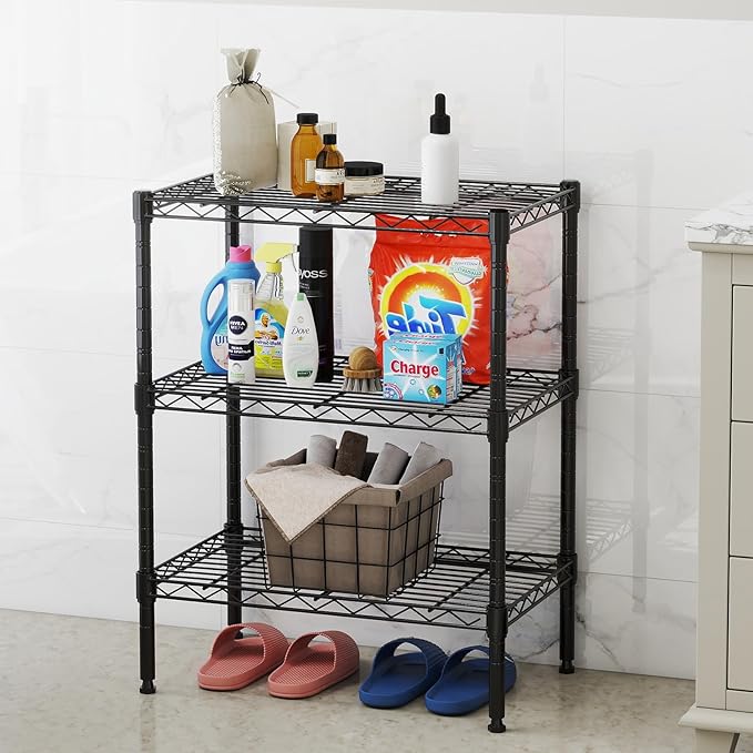 DUMOS 3-Tier Metal Wire Storage Shelves, Adjustable Standing Storage Rack Shelf, Heavy Duty Steel Shelving Unit Organizers for Kitchen Bathroom Pantry Garage, 23.3" W×13.4" D×30" H, Black