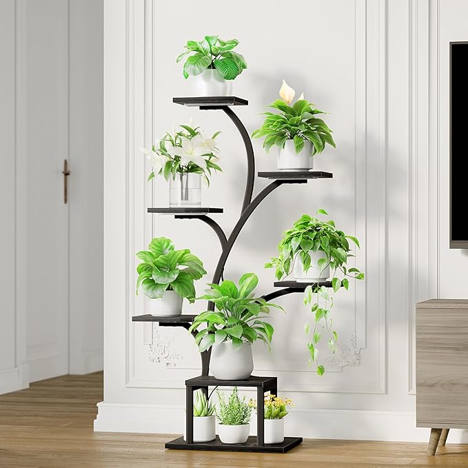 Plant Stand Indoor with Grow Lights, 7 Tiered Indoor Plant Shelf, 49" Corner Plant Stands for Indoor Plants, Metal Plant Flower Display Shelf, Tree-Shaped Plant Rack for Home, Black