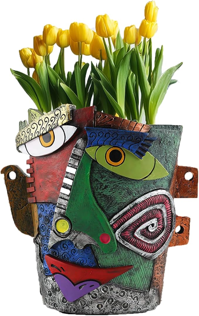 TOZLU Art Abstract Face Planters Pots Head,Unique Fun Abstract Face Flower Pot Ornaments Head Planter Pots Container Colorful Resin Flower Pot for Home and Garden Decor(Picasso Abstract Flowerpot)