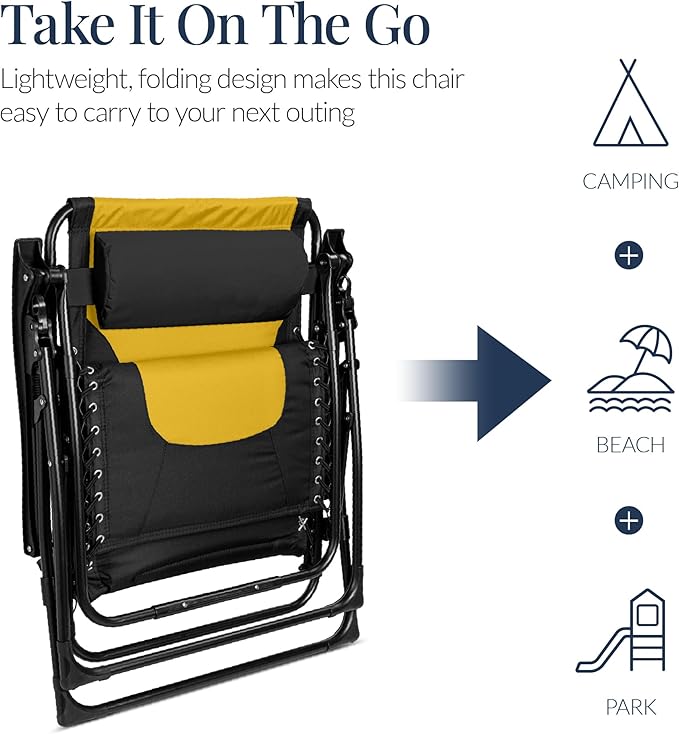 Best Choice Products Oversized Padded Zero Gravity Chair, Folding Outdoor Patio Recliner, XL Anti Gravity Lounger for Backyard w/Headrest, Cup Holder, Side Tray, Polyester Mesh - Black/Yellow