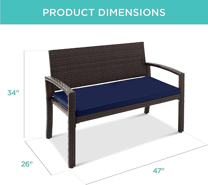Best Choice Products Outdoor Bench 2-Person Wicker Garden Patio Benches Seating Furniture for Backyard, Porch w/Seat Cushion, 700lb Capacity - Navy/Brown