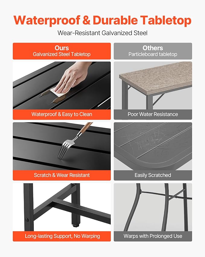 VEVOR Outdoor Bar Table, 55 x 15 in Patio Bar Table, Waterproof Top & Sturdy Metal Frame, Rectangle Counter Height Dining Tables, Outdoor Furniture for Balcony, Yard, Hot Tub, Poolside, Indoor