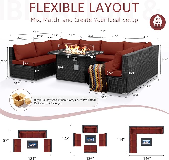NICESOUL 9 Piece Plus Size Outdoor Patio Conversation Set with Firepit Natural Gas/Propane, 29.3'' High Back Modular Sectional Sofa Sets, Heavy Duty Backyard Furniture, 2 Color Cushion Red & Grey