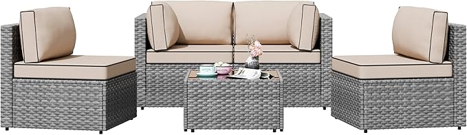 Shintenchi 5 Pieces Outdoor Patio Furniture Sets, Patio Sectional Sofa Couch, Gray PE Wicker Furniture Modular Patio Conversation Sets Patio Sofa with Washable Cushions & Table（Khaki）