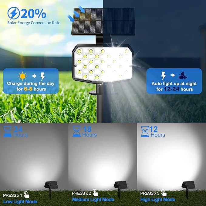 Solar Spot Lights Outdoor Waterproof Adjustable Solar Powered Landscape Lights for Yard 3 Long Time Lighting Modes Spotlights for Pathway Garden Outside Wall Pool Porch- 6 Pack, Cool White