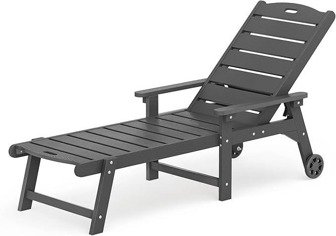 LUE BONA Outdoor Chaise Lounge, HDPS Chaise Lounger, 5 Positions Adjustable Lounge Chairs, Pool Lounge Chair with Wheels for Poolside, Backyard, Dark Gray