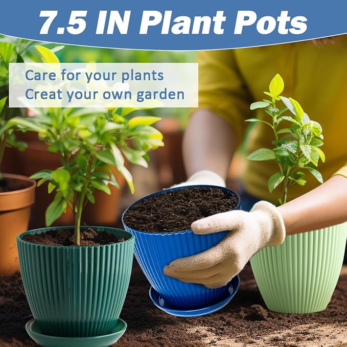 Plastic Plant Pots, 6 Pack 7.5 Inch Flower Pots with Drainage Holes and Saucer, Planters for Indoor Outdoor Plants, Stylish Decor for Home and Garden(Blue, Green, Dark Green)