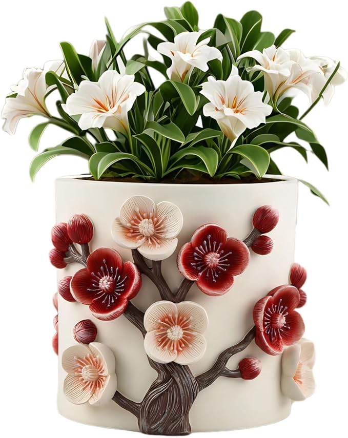 Flower Pot, 5 Inch Cute Plant Pots with Plum Blossom Design, Resin Decorative Flower Pots with Drainage for Indoor Plants, Succulents, Home and Garden Decor
