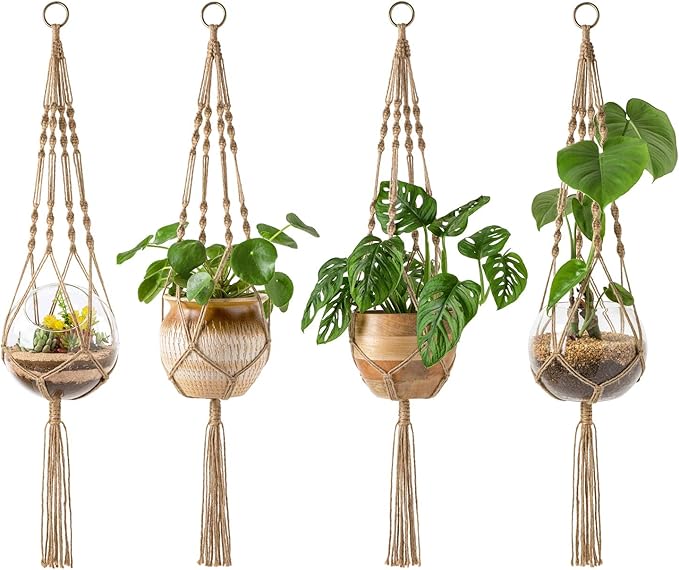 Mkono 4 Pack Macrame Plant Hangers Indoor Hanging Planter Basket Decorative Flower Pot Holder Jute Rope for Indoor Outdoor Home Decor 4 Legs 40 Inch, Brown