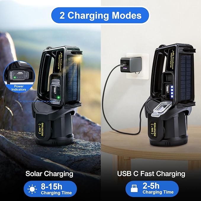 Rechargeable Spotlight Flashlight, Peascat 2,000,000L Lumens LED Handheld Spot Light, 350° Rotatable, 9 Modes, Solar & USB-C Charging, Waterproof, Emergency Flashlight for Camping, Outdoor, Car Repair