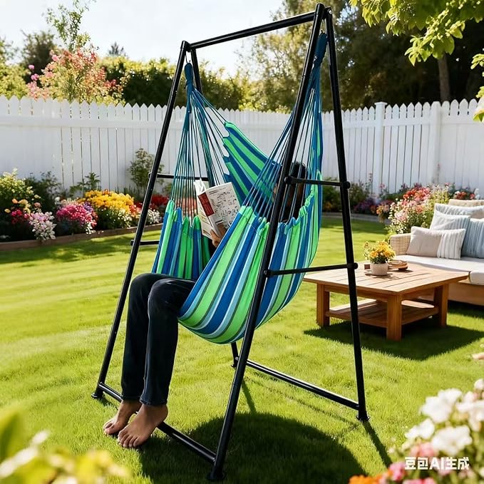 Hammock Chair Stand with X-Large Swing Chair with Footrest，Anti-Tip Thickened Weather-Resistant Iron Pipe Swing Frame, 450Lbs Stand Capacity Quick Assembly for Indoor Outdoor (Green Stripe)