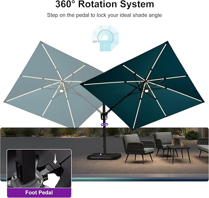 PURPLE LEAF 10 Feet Patio Umbrella with Base Outdoor Solar Powered LED Swivel Square Umbrella Offset Umbrella with 360-degree Rotation for Garden Deck Pool Patio, Turquoise Blue
