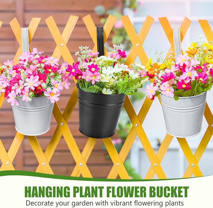 OBTANIM 12 Pack Metal Hanging Flower Pots Railing Planter Outdoor Fence Hanging Bucket Plant Holder with Detachable Hooks Drain Holes for Home Garden Yard Decor (Black and White, 4 x 4 Inch)