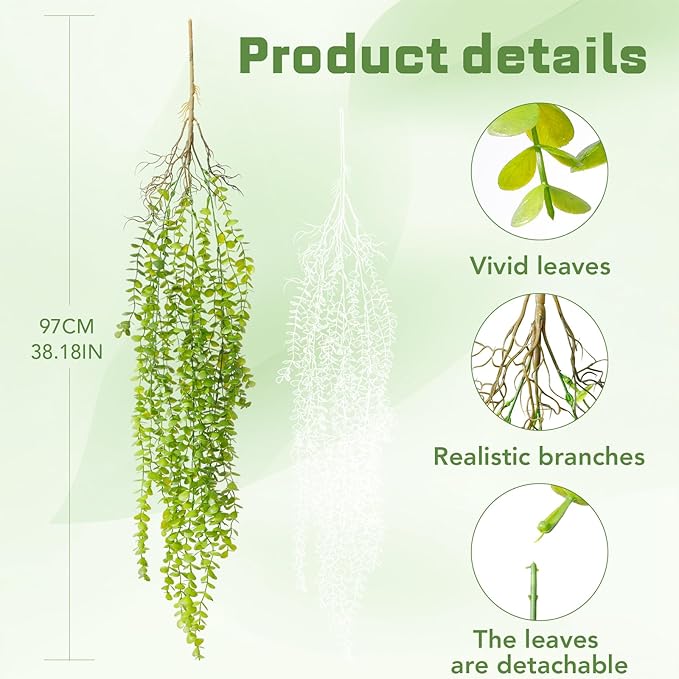 2 Pack Fake Hanging Plants, Artificial Hanging Eucalyptus Plants Greenery Vines UV Resistant Faux Trailing Plants for Indoor Outdoor Wall Shelf Porch Boho Home Patio Decor (2PCS Dark Green)