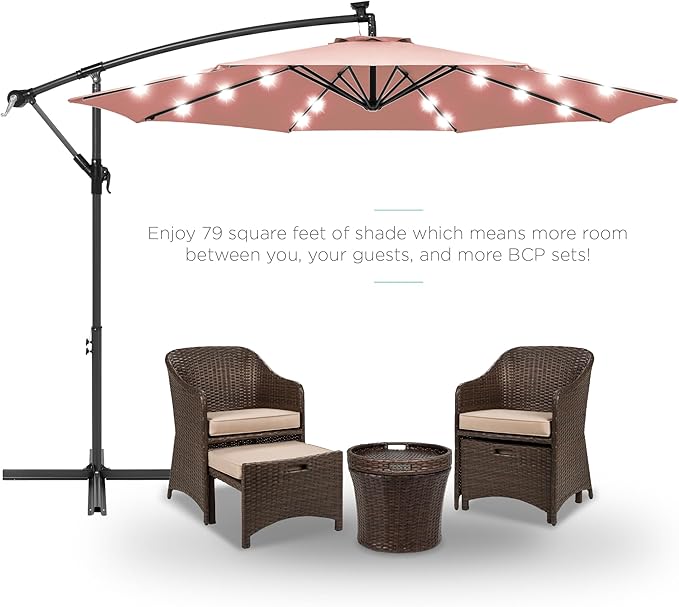 Best Choice Products 10ft Solar LED Offset Cantilever Hanging Market Patio Umbrella, 8 Sturdy Ribs, Easy Adjustment - Rose Quartz