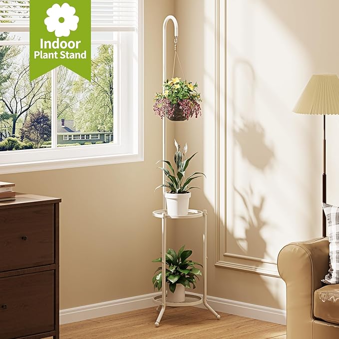 Plant Stand with Hooks Indoor Outdoor Corner Tall Plant Stand Heavy-Duty Metal 3-Tier Plant Shelf Holder Rack for Patio Garden Balcony Living Room Bedroom(semicircular White)