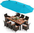 Tangkula 11 Pieces Rattan Outdoor Dining Set with 15Ft Solar Patio Umbrella for 8, Outdoor Wicker Table Set with 8 Cushioned Chairs, Acacia Wood Top, Outdoor Umbrella with Base Included