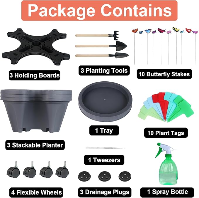 Vertical Planter 3 Tier Stackable Planters Garden Planters Strawberry Herb Flower and Vegetable Planter Indoor Outdoor Gardening Pots with Removable Wheels and Tools
