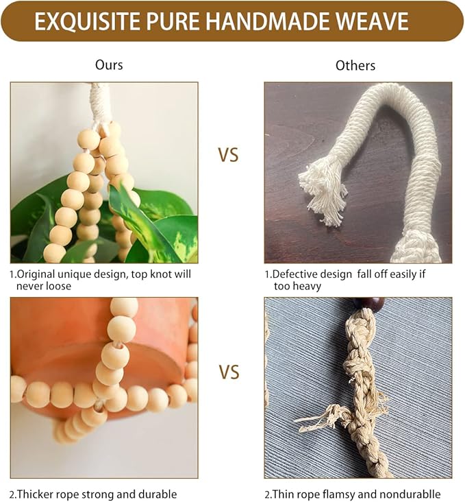 Artilady 2 Pack Beaded Plant Hanger Indoor - Macrame Hanging Planters for Plants Holder No Tassels with Wooden Beads Boho Farmhouse Rustic Home Decor (Wood Color Bead-2pcs)