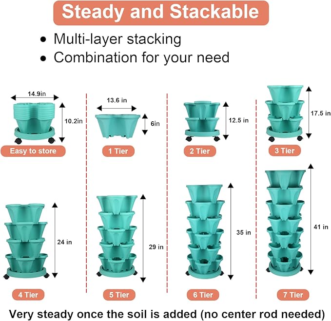 GameXcel Vertical Planter 7 Tier Stackable Planters Garden Planters Strawberry Herb Flower and Vegetable Planter Indoor Outdoor Gardening Pots with Removable Wheels and Tools-Teal 2 Pack