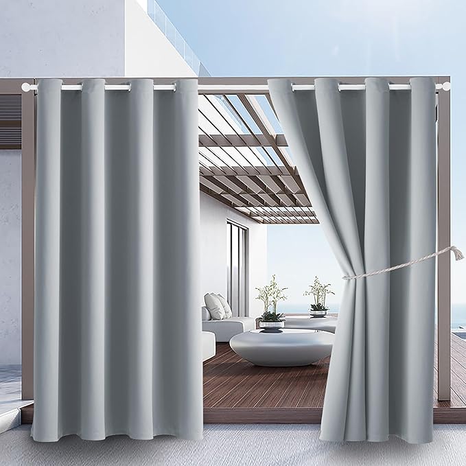 Waterproof Outdoor Curtain W52 x L84 - Grommet Top Sunlight Blocking Window Treatment Drapes Blackout Curtains for Home Bedroom Living Room Outdoor Patio Porch Pergola (Light Gray, 2 Panels)