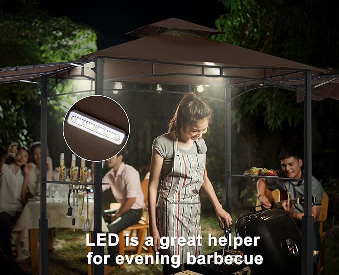 ABCCANOPY Grill Gazebo with 2 Side Awnings - 14x5 Outdoor BBQ Canopy Shelter with 2 Led Lights for Patio Backyard Grilling (Brown)