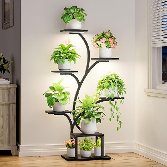 Plant Stand Indoor with Grow Lights, 7 Tiered Indoor Plant Shelf, 49" Corner Plant Stands for Indoor Plants, Metal Plant Flower Display Shelf, Tree-Shaped Plant Rack for Home, Black