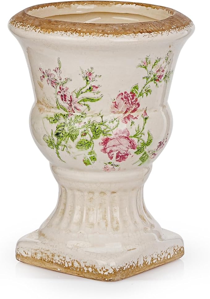 Sungmor Small Ceramic Urn Planter - Pink Scroll Floral Pedestal Flower Pot, Decorative Vintage Chinoiserie Style Planters, Tuscan Accent Vase Indoor Outdoor Plant Holder with Drainage